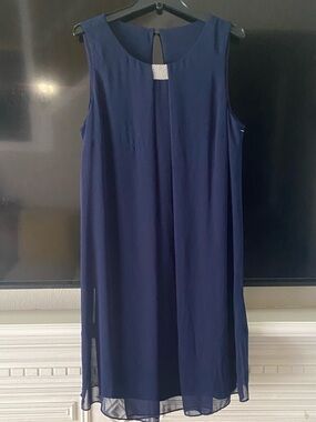 NAVY BLUE SLEEVELESS CHIFFON A LINE MIDI OVERLAY DRESS RHINESTONE NECK ACCENT